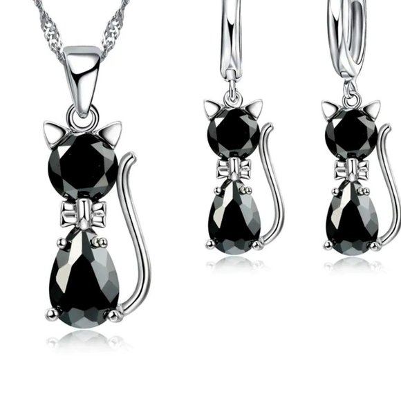 ⭐4pc Bundle Sale⭐ Black Diamond Kitty Pendant And Earrings &18" Chain 925 Silver - Picture 2 of 3